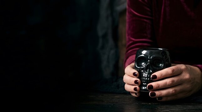 Woman hands holding a black skull shaped mug on dark background