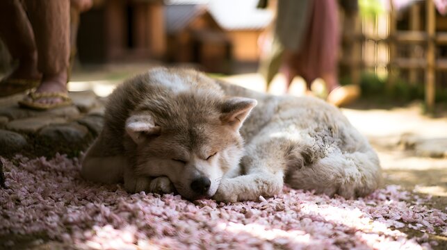 Akita sleeps peacefully under cherry blossoms in a tranquil Japanese village scene