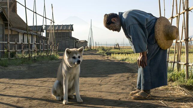 Respectful Bow Ancient Farmer and Loyal Akita on Rural Japanese Roadside Landscape