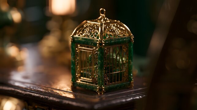 Exquisite miniature cricket enclosure a luxurious jade and gold design on dark wood tabletop