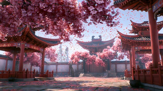 Majestic ancient Chinese palace courtyard bathed in sunlight cherry blossoms falling serene scene