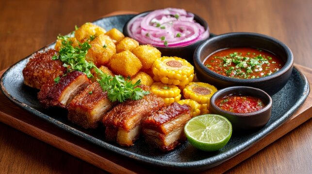 Grilled pork belly served with sides on wooden table