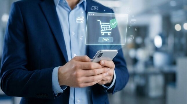 Secure mobile payment concept showing a businessman holding a smartphone with a virtual shopping cart, green security shield, and 'PAY' button, highlighting safe e-commerce transactions and financial