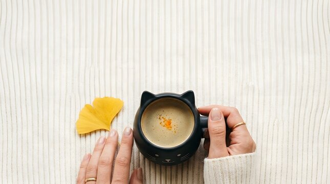 Woman hands holding a cute cat shaped mug with coffee on a cozy sweater background