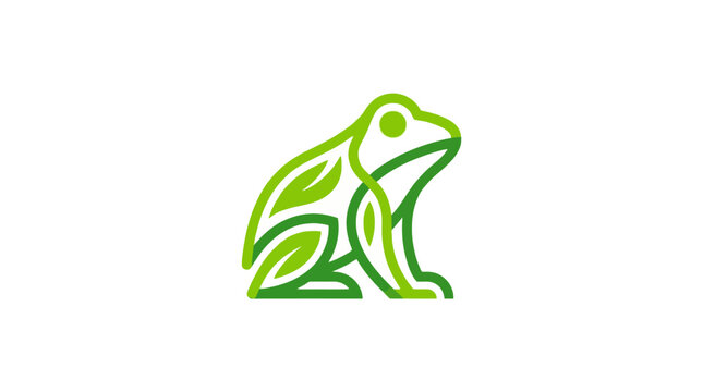 Green frog logo composed of organic leaf shapes.