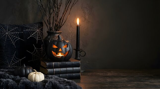 Spooky Halloween still life with black jack o lantern on old books