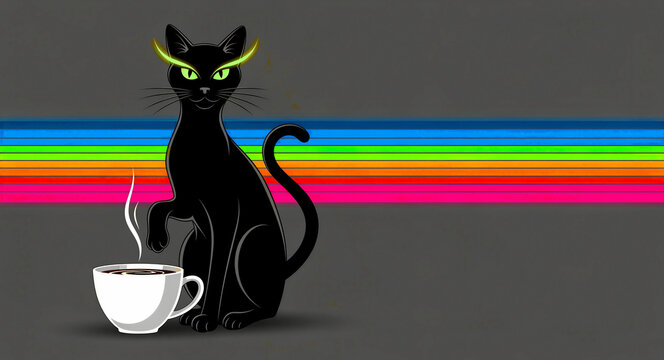 Black cat sitting with steaming coffee on rainbow background. Stylized feline with glowing eyes in retro digital art style. Morning energy concept for cafe branding and creative design.