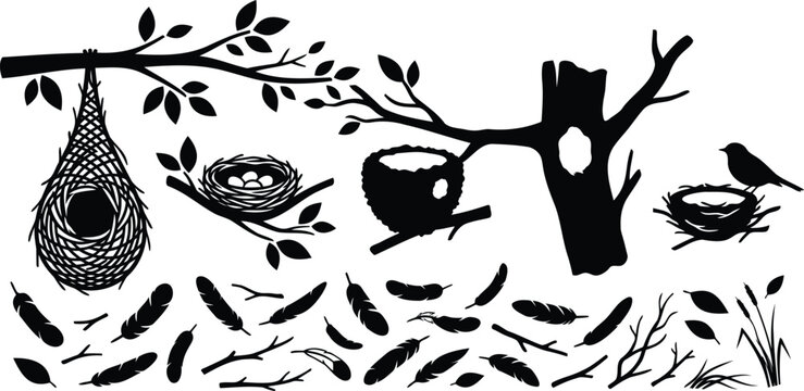 Black silhouette set of bird nests and feathers on trees