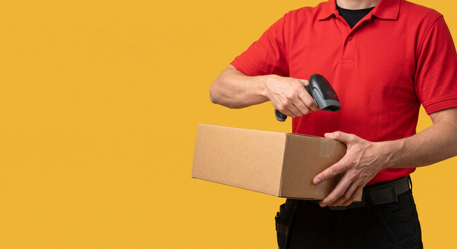 Delivery worker scanning parcel with barcode reader holding cardboard box studio shot.