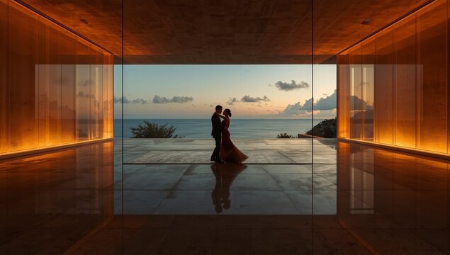 Romantic Sunset Silhouette of Couple and Family Walking Along a Tropical Beach with Ocean Waves, Golden Sun, Blue Sky, and Coastal Nature Landscape at Dusk