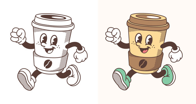 Retro coffee cup mascot cartoon in vintage style with halftone texture. Hand drawn vector character suitable for cafe branding, stickers, packaging, apparel, logos, and print designs