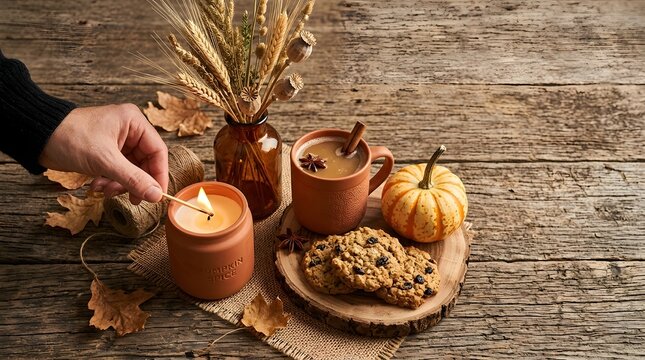 Hand lighting a pumpkin spice candle on a rustic wooden table with autumn decorations