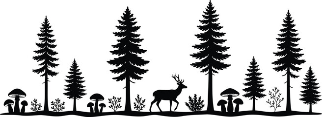 Obraz premium Black silhouette of a deer in a pine forest with mushrooms