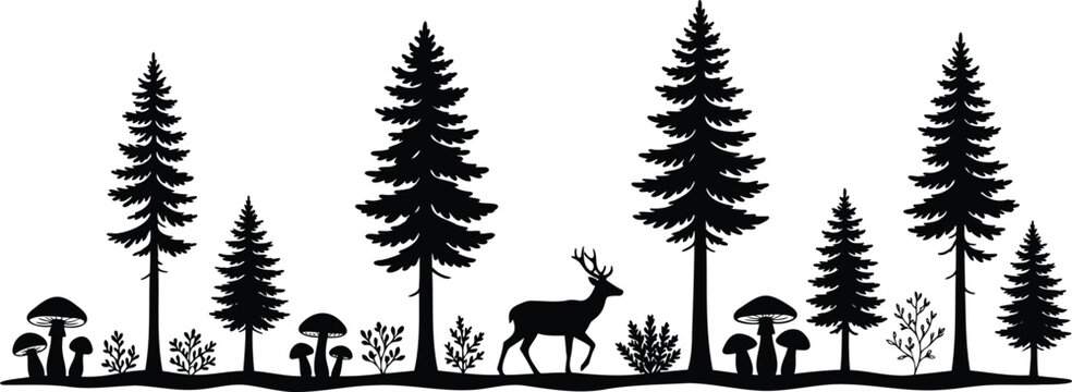 Black silhouette of a deer in a pine forest with mushrooms