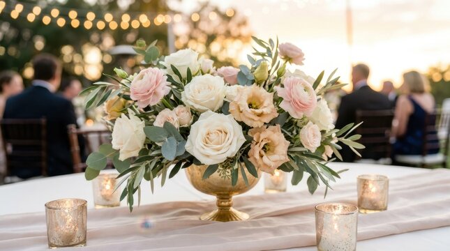 Elegant outdoor wedding reception table setting with floral centerpiece and candles