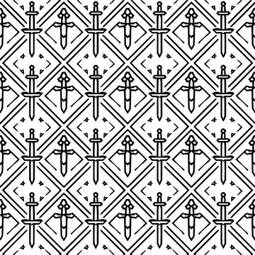 Repeating pattern of outlined swords with decorative hilts arranged in diamond shaped geometric designs