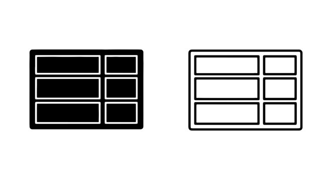 Table Layout Icons, Data Grid UI Elements, Spreadsheet Interface Design, Black and White Vector Graphics