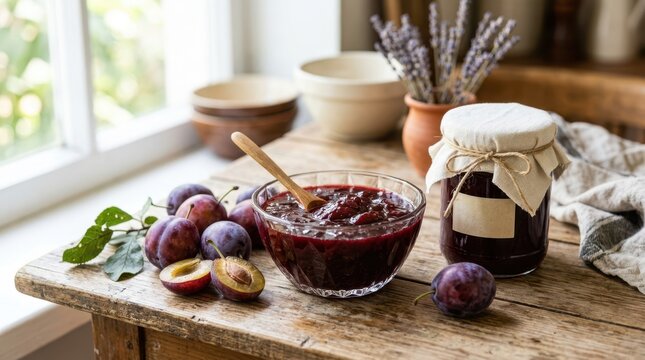 Homemade plum jam and fresh plums on a rustic wooden table by the window