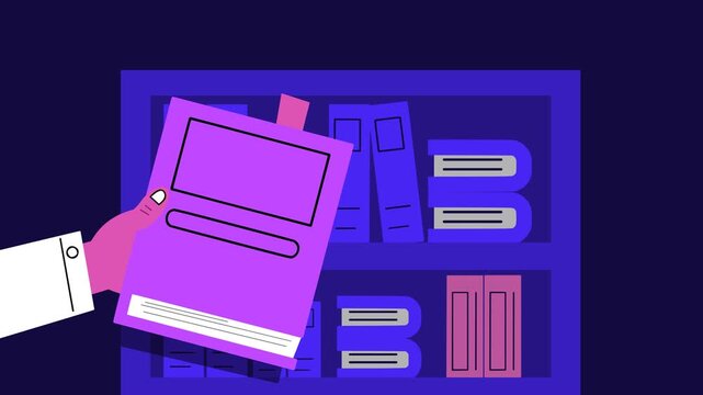 Hand taking a book out from a crowded bookshelf in flat design animation style
