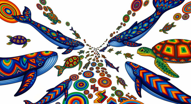 Colorful whales and turtles swimming in a geometric vortex. Psychedelic marine life art with vibrant patterns on white. Creative ocean concept ideal for artistic decor and digital backgrounds.