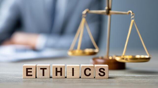 The word ETHICS spelled out in wooden blocks, with a balance scale in the background, symbolizing justice and fairness