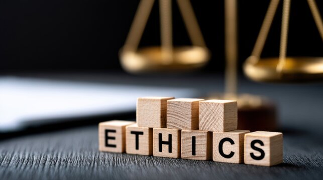 The word ETHICS spelled out on wooden blocks, placed in front of a balanced scale, symbolizing justice and fairness