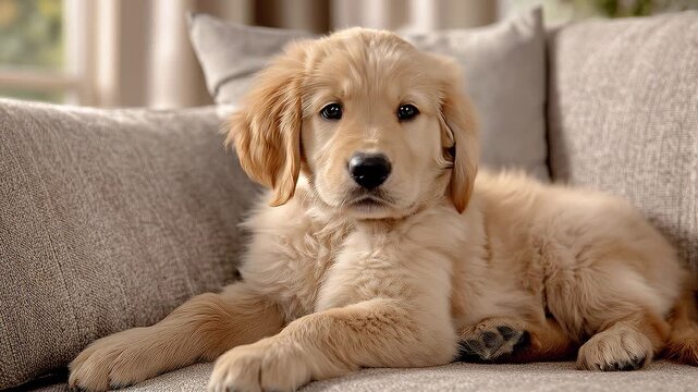 ソファでくつろぎながら穏やかにまばたきするゴールデンレトリーバーの子犬