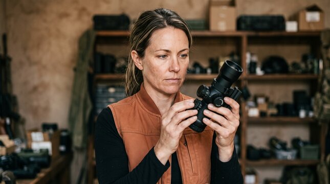 Female professional gunsmith inspecting optical rifle scope in workshop.