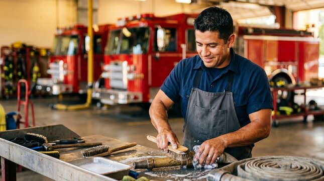 Hispanic firefighter cleaning brass fire hose nozzle at workbench in fire station.