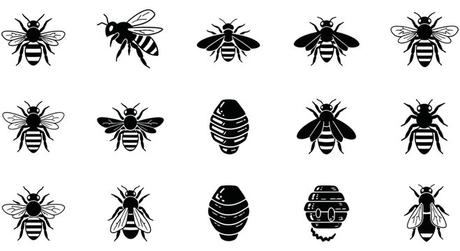 Black and white vector illustration set featuring various honey bee icons and detailed beehive design elements