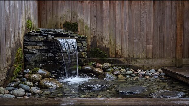 Small stone waterfall cascading into serene backyard pond surrounded by smooth river rocks and wooden fence, tranquil garden water feature