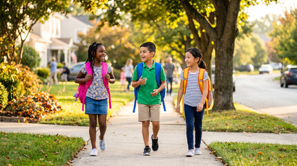 Fototapeta premium Diverse Elementary Kids with Backpacks Walking in Suburban Neighborhood