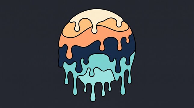 Vibrant abstract brain sphere with colorful melting effects on dark background for creative designs with melting color segments pastel deep tones dripping downward against stark dark backdrop