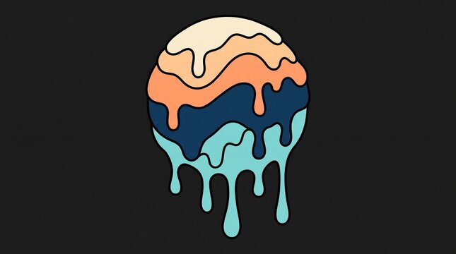 Vibrant abstract melted sphere artwork with colorful drips and organic flowing lines on dark background with set against stark dark backdrop high visual contrast dynamic appeal