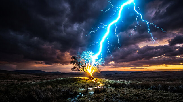 Dramatic blue lightning strike on lone tree during sunset storm