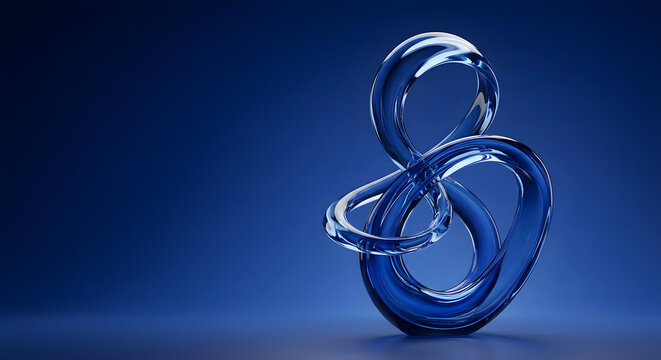 Abstract 3d blue glass fluid figure eight knot sculpture on a dark reflective background