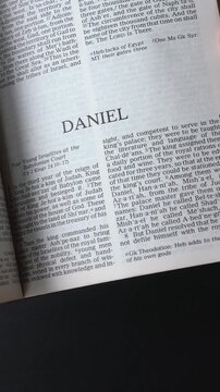 Opening to the Book of Daniel of the Old Testament in the Holy Bible. New Revised Standard Version. Vertical video.
