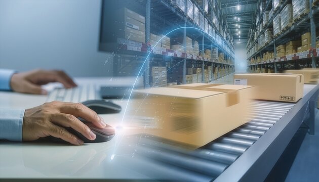 An office worker uses a computer mouse alongside moving cardboard boxes on warehouse conveyor belt in logistics facility.