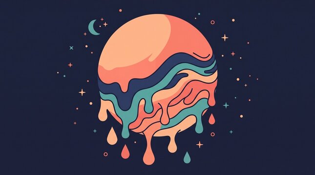 Vibrant minimalist cosmic liquid planet with swirling colors and celestial background for creative design with stylized glowing celestial celestial body dripping