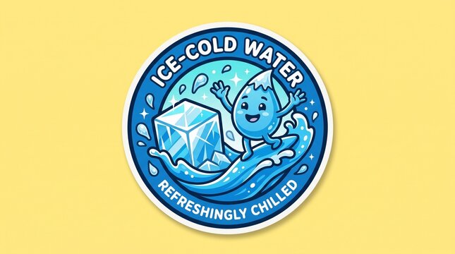 Vibrant cartoon water mascot badge showcasing ice cold refreshing drink concept with sparkling ice cube with playful water splashes animated style water themed