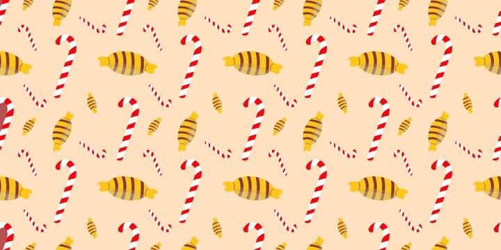 A sweet, seamless vector pattern of candy canes and wrapped candies on a light peach background. Festive and delicious design for confectionery or holiday projects.