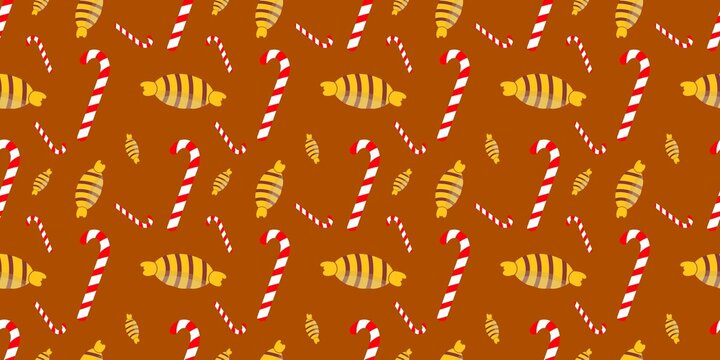 Cozy seamless pattern with candy canes and amber wrapped sweets on a warm orange brown background. Perfect for Thanksgiving, autumn, or classic holiday designs.