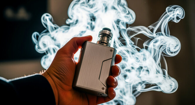 Hand holding silver vape mod against thick white vapor. Electronic cigarette device with swirling smoke patterns. Smoking alternative concept for vaping lifestyle blogs and retail advertisements.