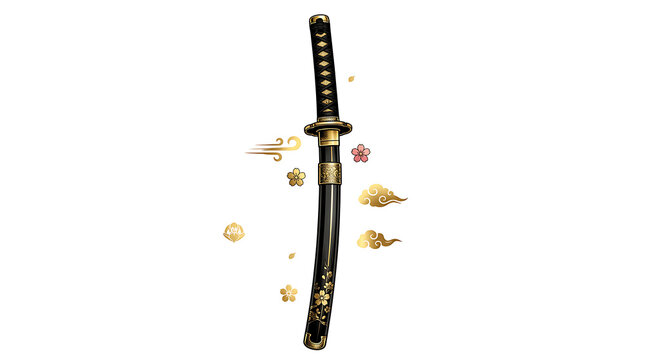 Japanese katana sword PNG with black scabbard, golden clouds, and cherry blossom accents on isolated white background for warrior designs. Ai Generated