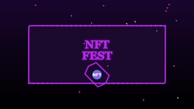 Nft fest neon motion animation 4k background, with falling confetti, for crypto event, promotion
