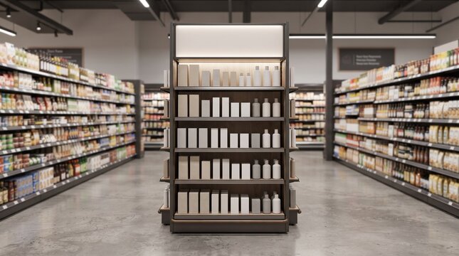 Empty supermarket display shelf. Blank retail aisle for product placement and branding.