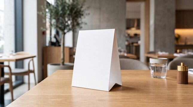 Blank table tent mockup on restaurant table. Empty paper sign for menu or promotion display.