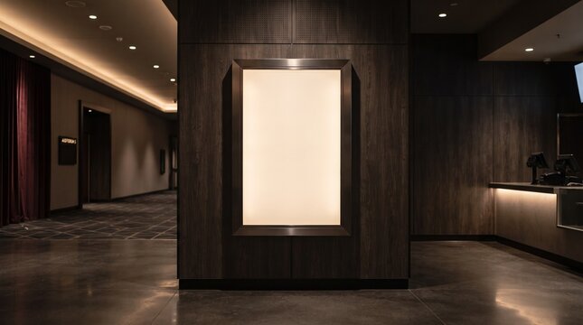 Blank movie poster lightbox in cinema lobby. Empty illuminated display for film advertising.