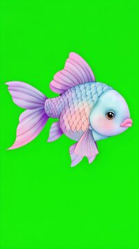 Cute pastel pink fantasy fish on green screen, whimsical underwater cartoon animation with chroma key isolated transparent background, vertical video
