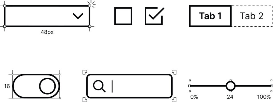 User Interface UI Component Vector Icon Set with Dropdown Menu Checkbox Toggle Switch Search Bar Tabs and Slider for App and Web Designs